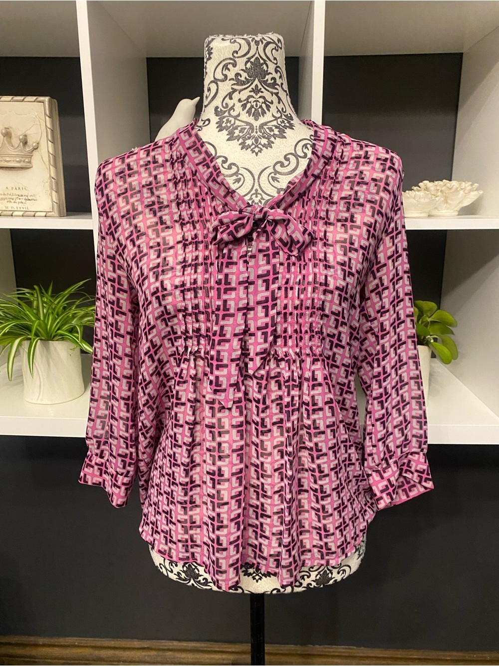 NWOT Banana Republic Pink, Black and White Sheer Geometric Tie-Neck Blouse XXS